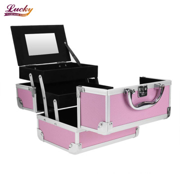 Portable Makeup Train Case,Aluminum Makeup Organizer Jewelry Cosmetic Box with 2 Trays, Mirror and Key Lock Pink